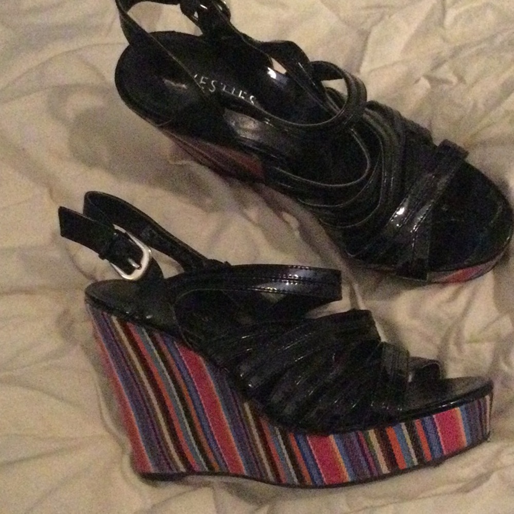 Westies Platform Wedges Black strap w rainbow heel